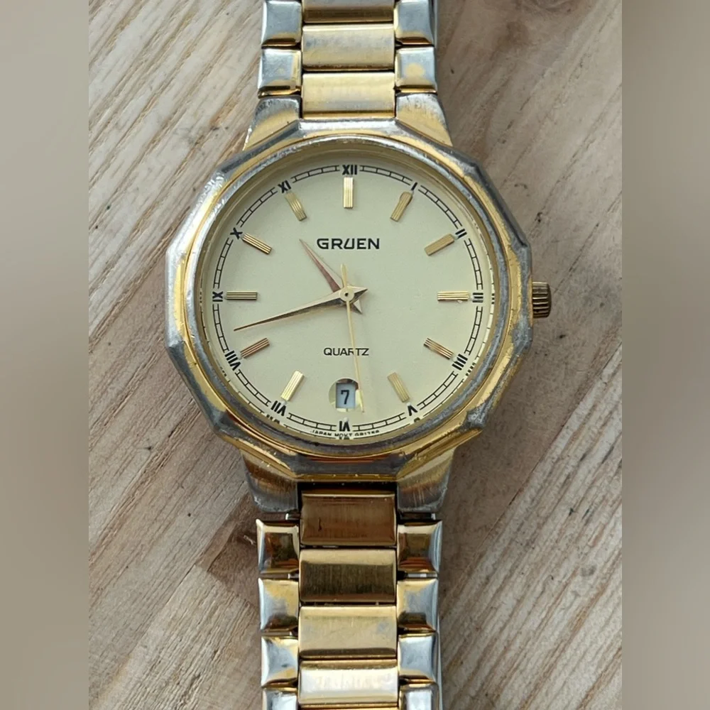 Gruen Vintage Men’s Watch Gold-Tone Dial Bracelet Hands Markers Date Window